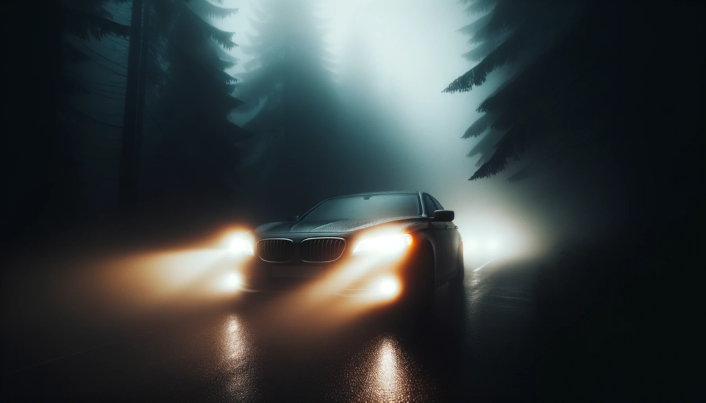 Auto mit nebelscheinwerfer im dunkel